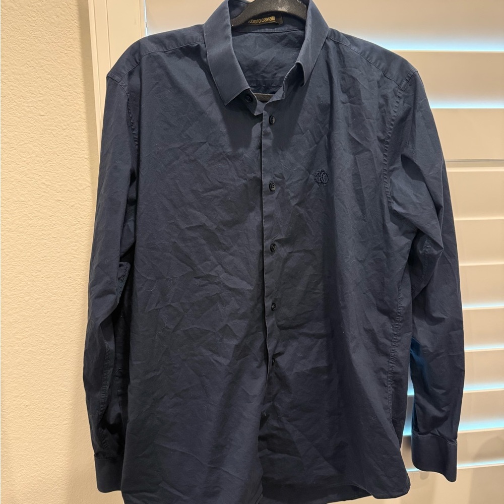 Roberto Cavalli Men's Navy Blue Shirt Size M